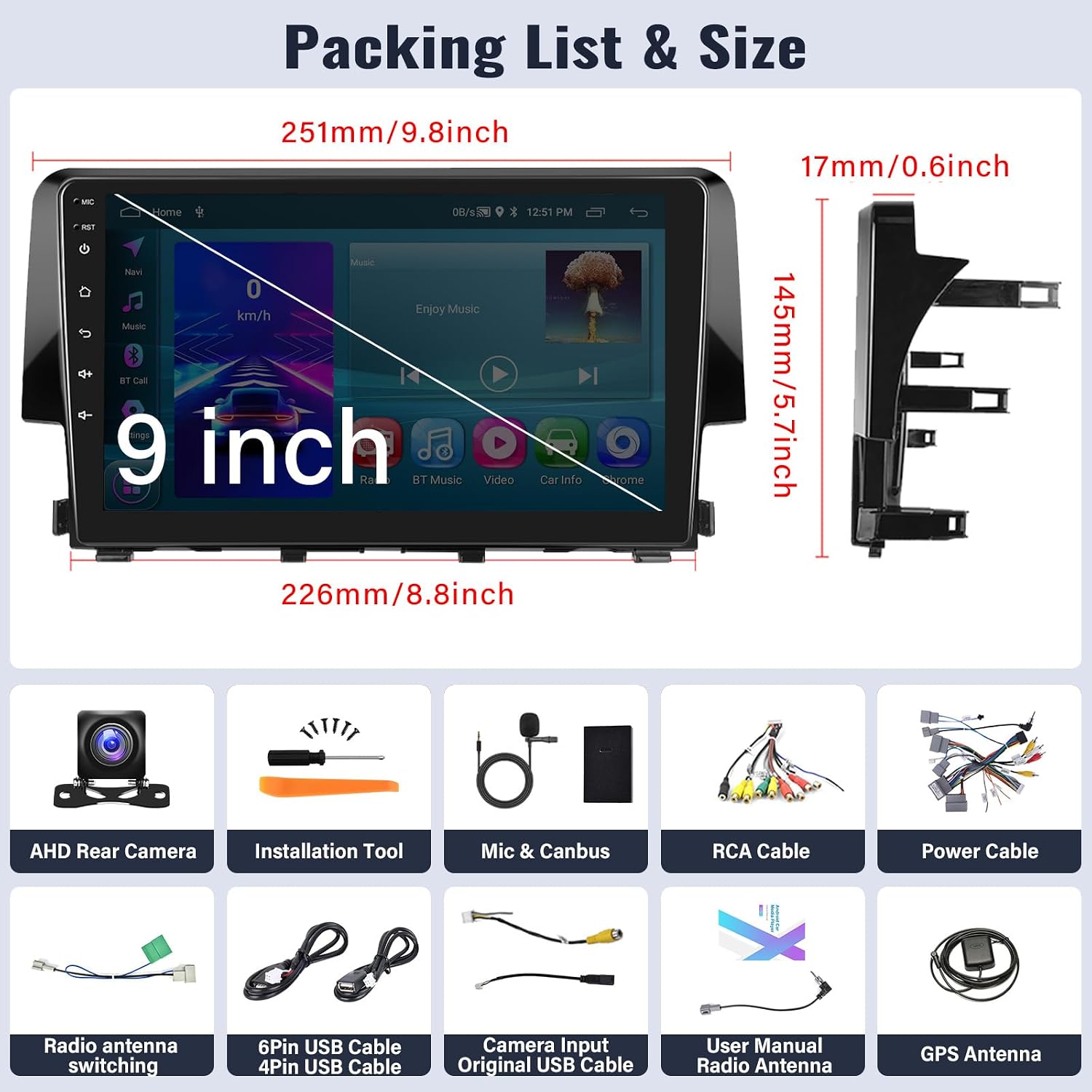 Android 15 Car Stereo for Honda Civic 2016-2021 with Wireless Carplay Android Auto Support OEM Backup Camera Steering Wheel Control 9 Inch Touchscreen GPS Navigation WiFi Bluetooth FM HiFi