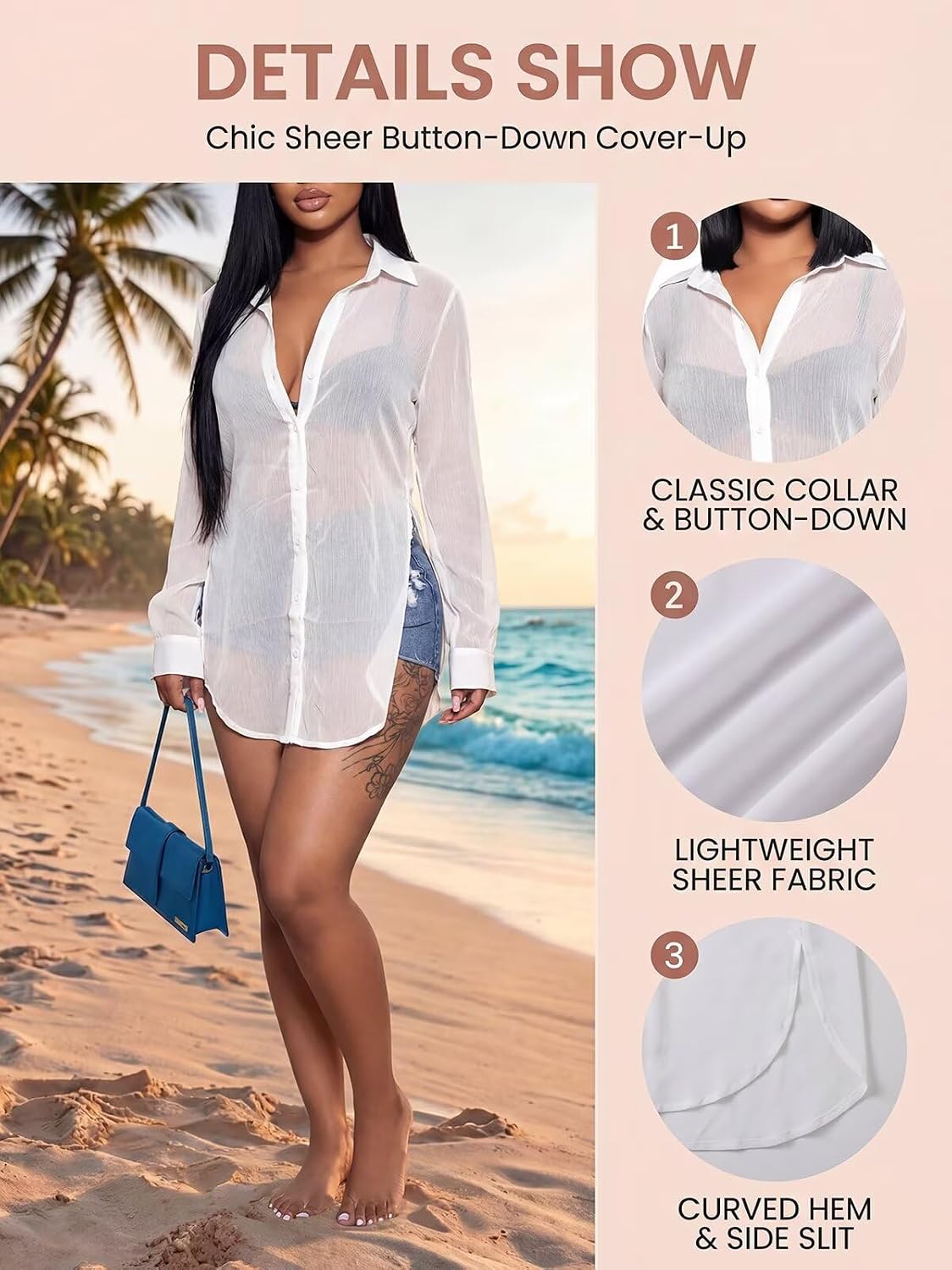 EDITCOZY Women's Sheer Cover Ups Button Up Blouse Sexy Long Sleeve Slit Hem Mesh See Through Shirts Tops