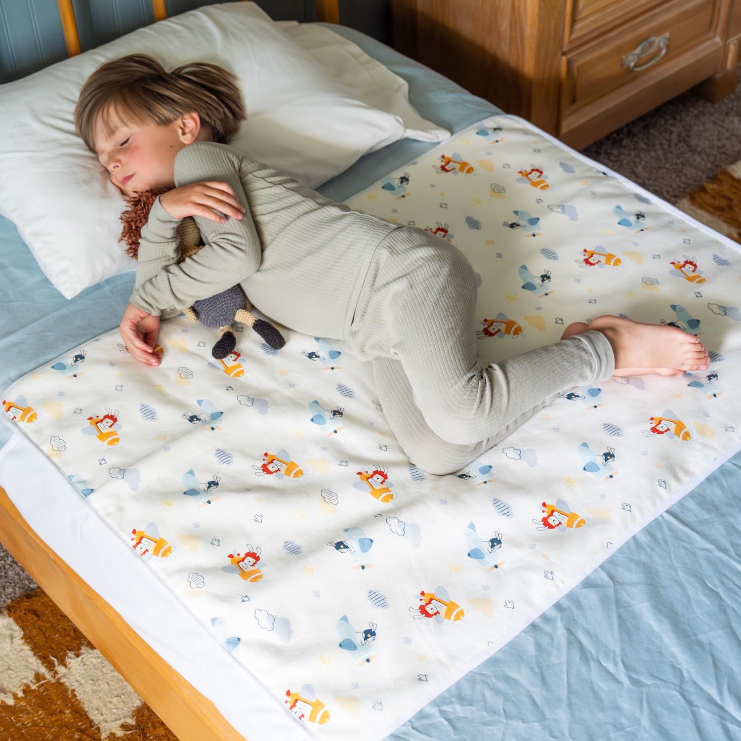 Tuckable Side Bed Wetting Pads Toddlers, Reusable Washable Waterproof Baby Potty Training Pee Pads Sheet Protector Kids, 5 Absorbent Layers, Exclusive No-Slip, 39"x 29" Fits Twin Airplane Print