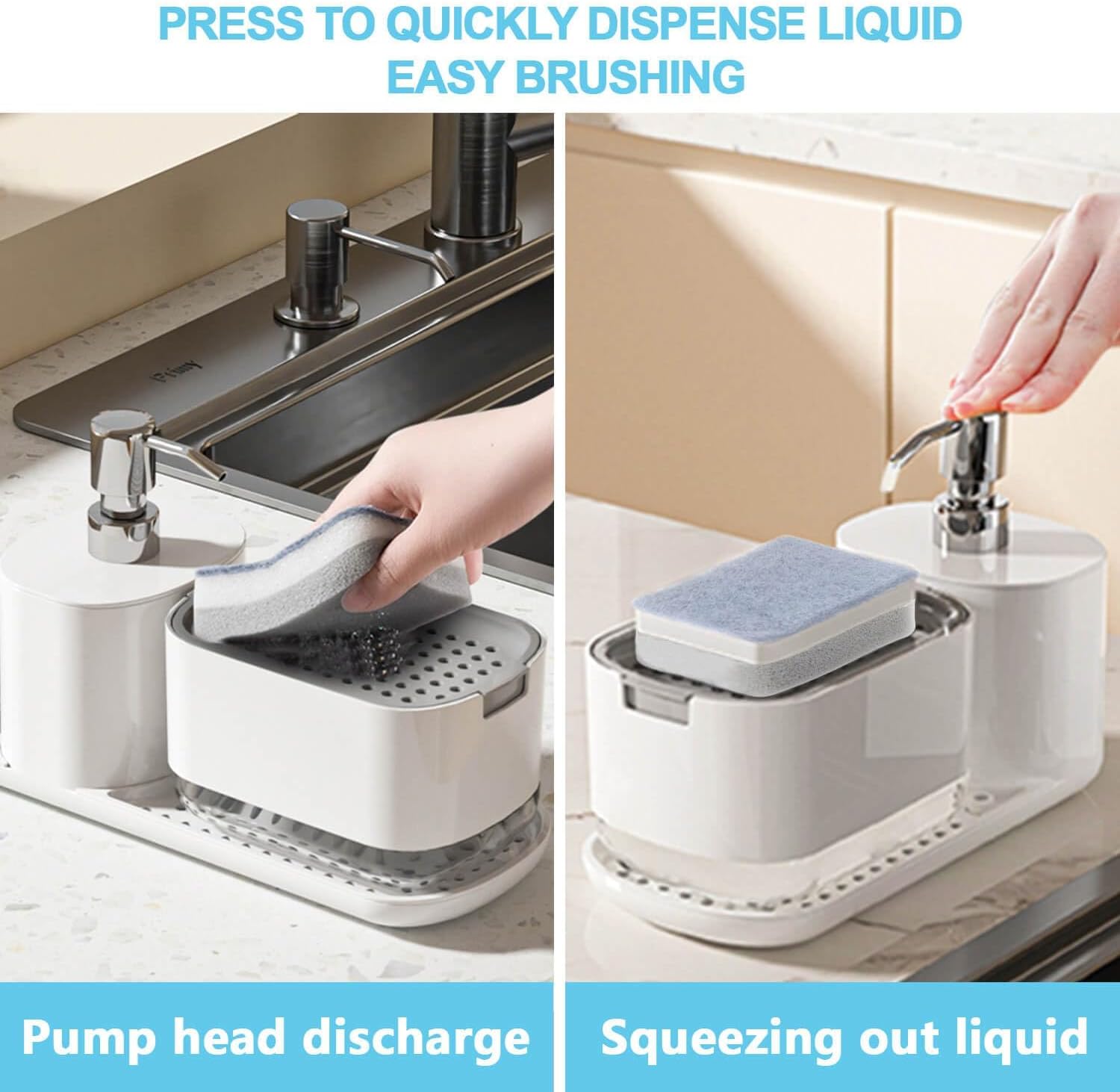 Kitchen Soap Dispenser Set with Tray and Sponge Holder, Dish and Hand Soap Dispenser with Dishcloth Holder 4-in-1 Kitchen Sink Countertop Storage Organizer, Useful Kitchen Gadgets - White