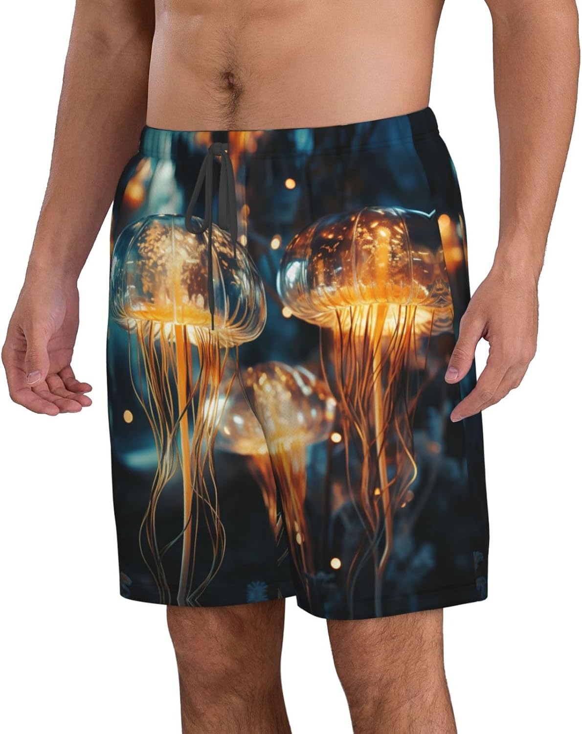 Blue and Gold Jellyfish Print Mens Casual Shorts Drawstring Summer Beach Stretch Shorts Novelty Swimtrunks
