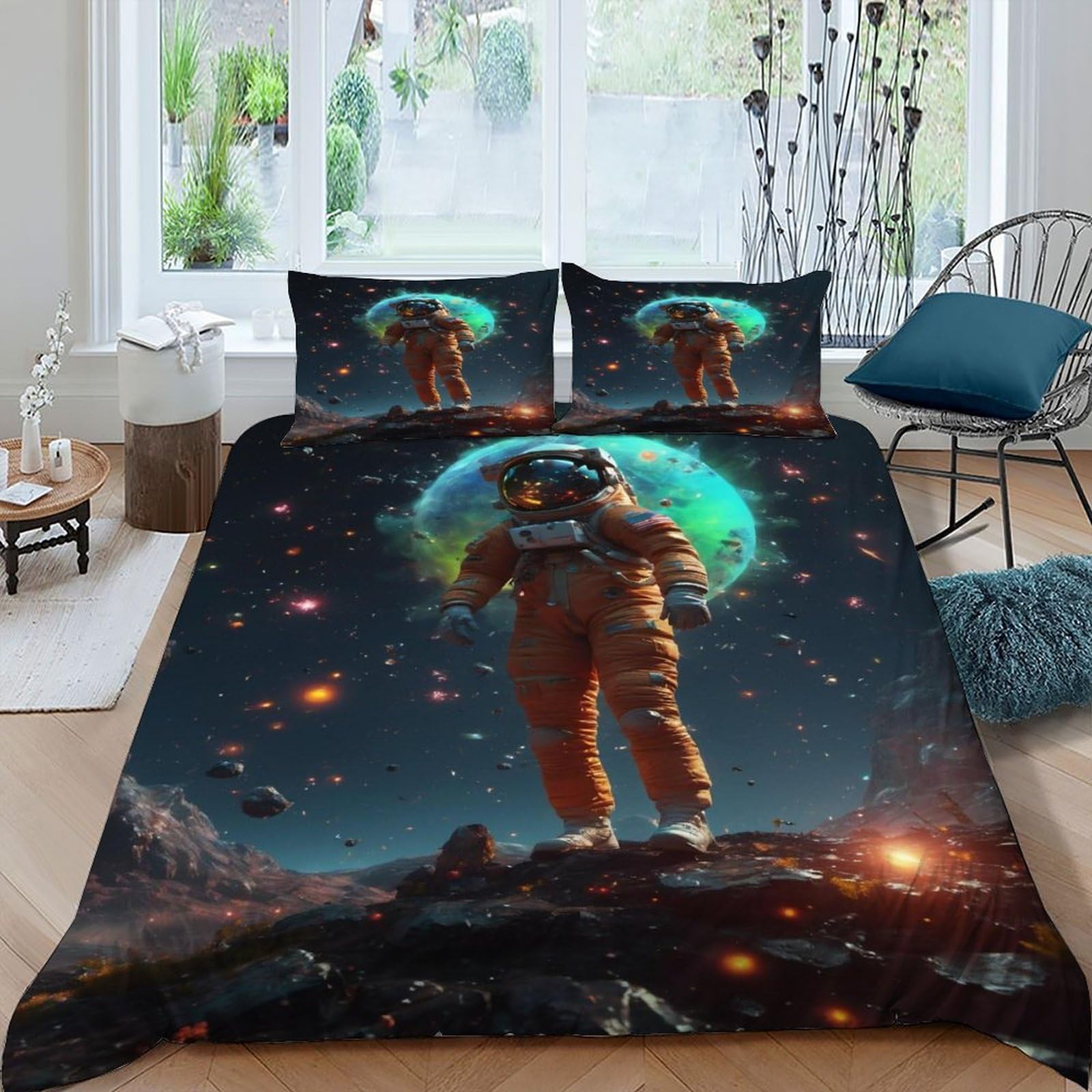 Housse de couette planete astronaute finie la couette qui glisse parure 220x240 fermeture éclair