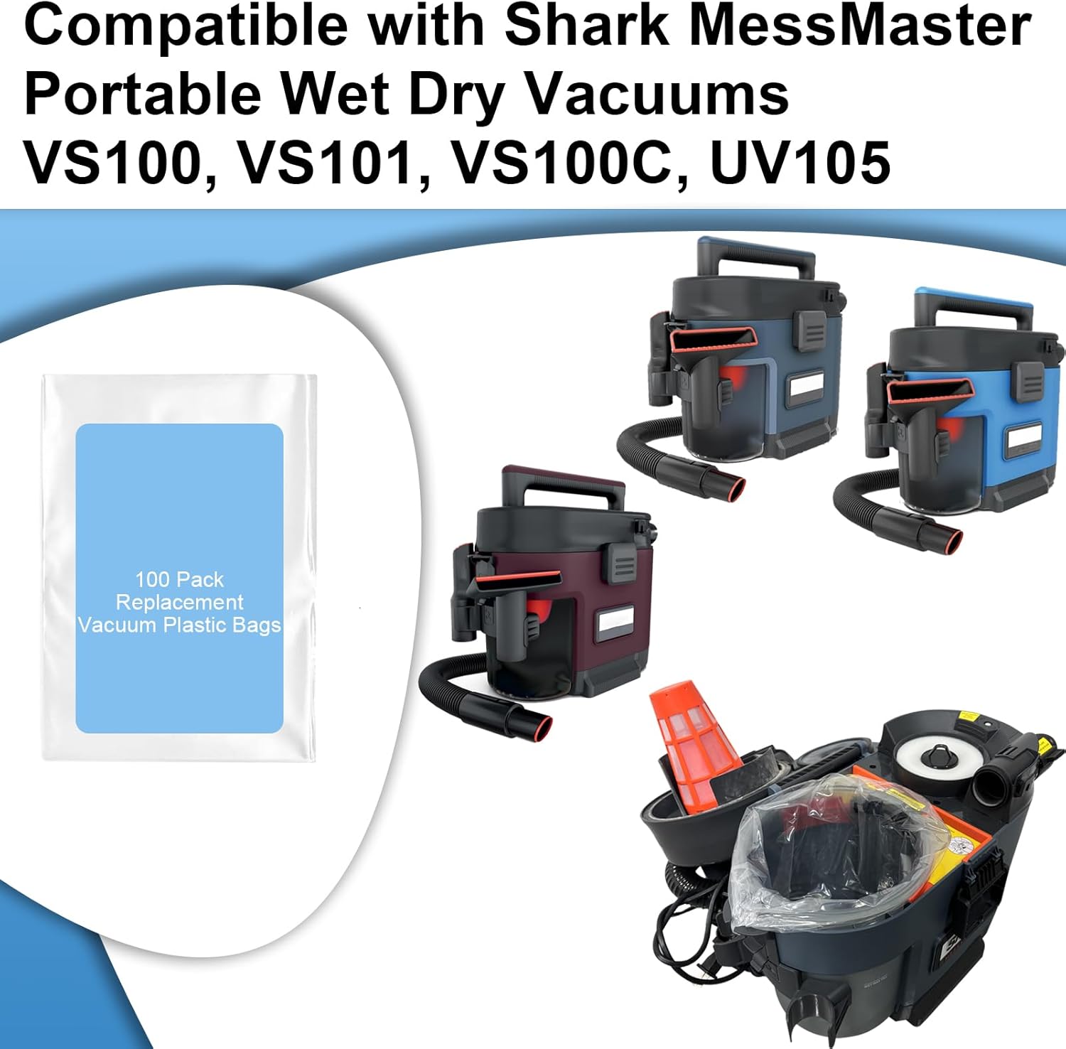 100 Piece Vacuum Plastic Bags Compatible with Shark MessMaster PortableWet Dry Vacuums VS100, VS101, VS100C