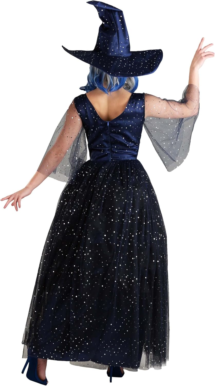Adult Witch Costume | Sparkly Blue Sorceress Dress, Halloween Outfit with Witch Hat and Shimmering Star Details