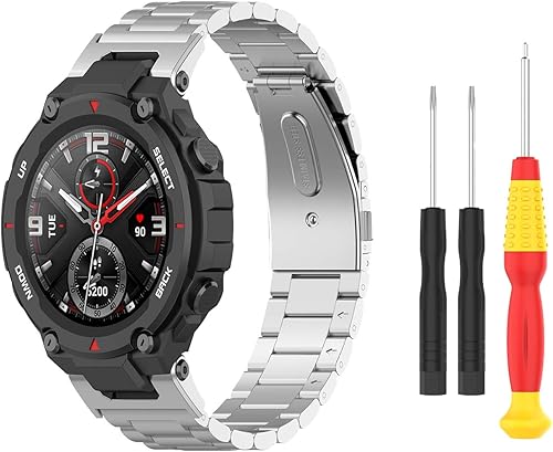 TenCloud Bandas compatibles con Amazfit T-RexT-Rex Pro Smartwatch de acero inoxidable sólido, correa de reloj de metal para Amazfit T-Rex