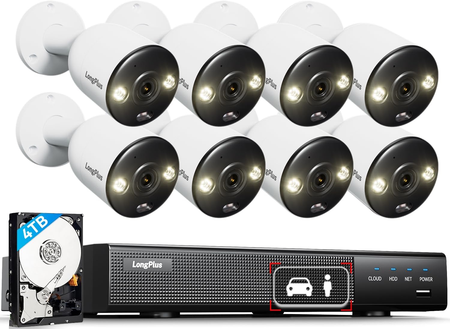 LongPlus 4K PoE Security Camera System, 12MP H.265+ 16CH NVR with 4TB HDD for 24-7 Recording, 8pcs Wired Home Security Camera System, Person Vehicle Detection, CCTV for Home Businesses, LP8MEF8B1