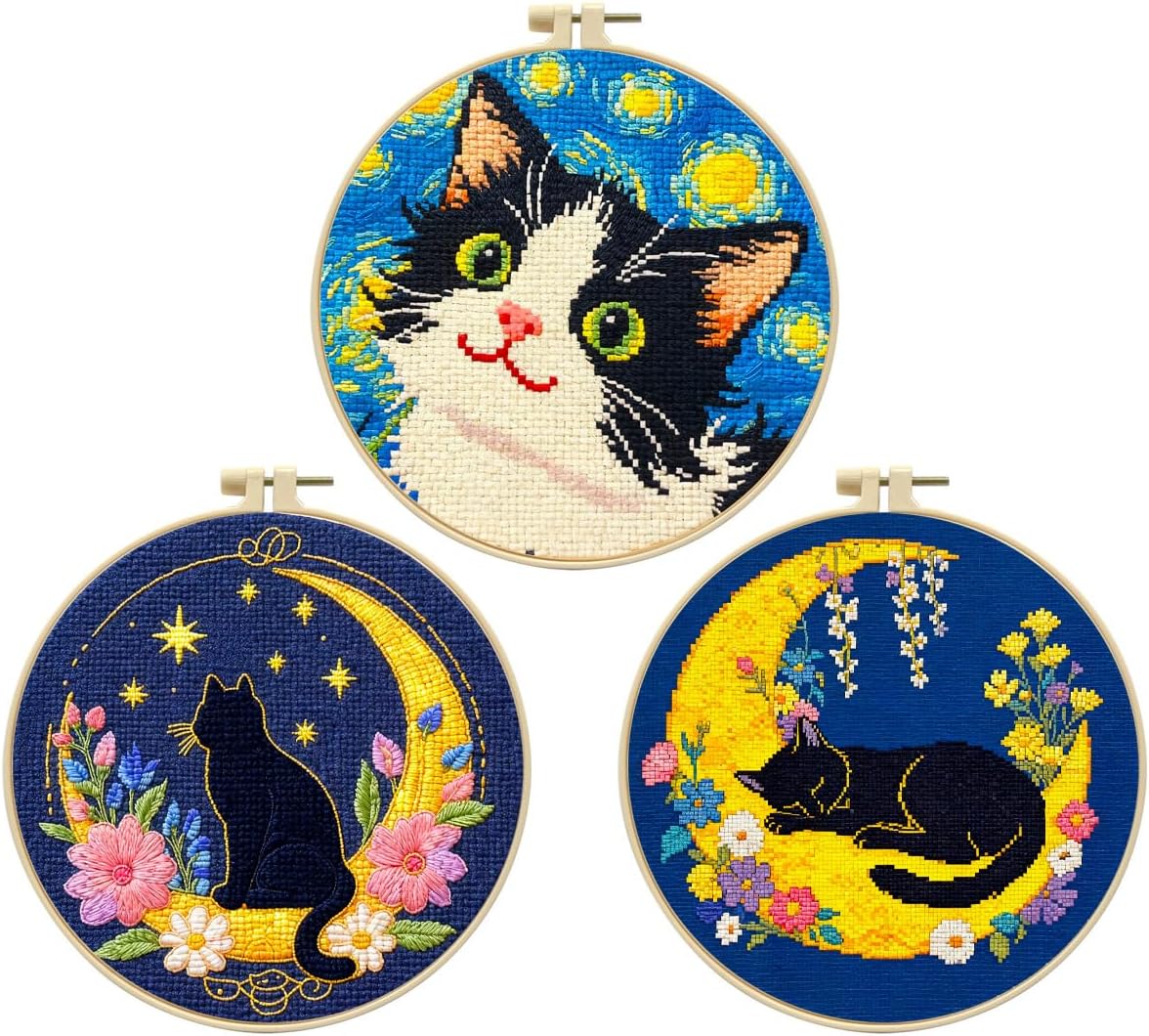 FEIYUENO 3 Set Cat Patterns Cross Stitch Embroidery Kit for Beginner Adults | Cat Cross Stitch Kits for Beginners, Holiday Needlepoint Kits with Pre-Stamped Patterns, Hoop, Tools, Threads, Instructions