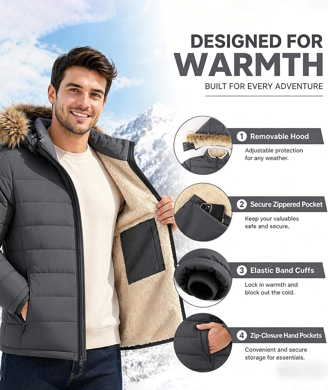 Little Beauty Men’s Sherpa Lined Puffer Jacket Water Resistant Hooded Winter Coat Windproof Warm Insulated Jacket Daily Wear