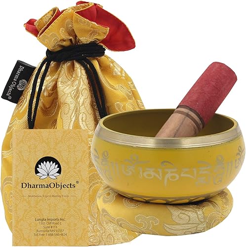 Miniatura 8 de DharmaObjects Mediano  Juego de cuencos tibetanos de 8 símbolos de la suerte  con mazo, cojín de brocado y bolsa de transporte  para meditación,