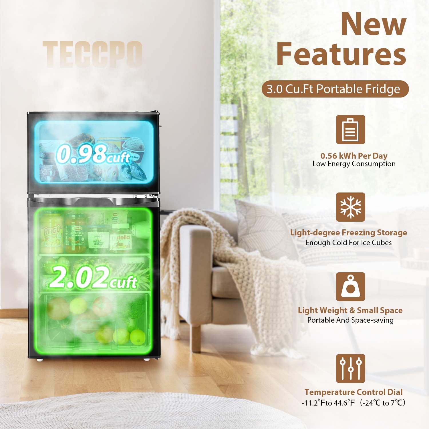 TECCPO Mini Fridge with Freezer, 3.0 Cu.Ft. 2 Reversible Door Mini