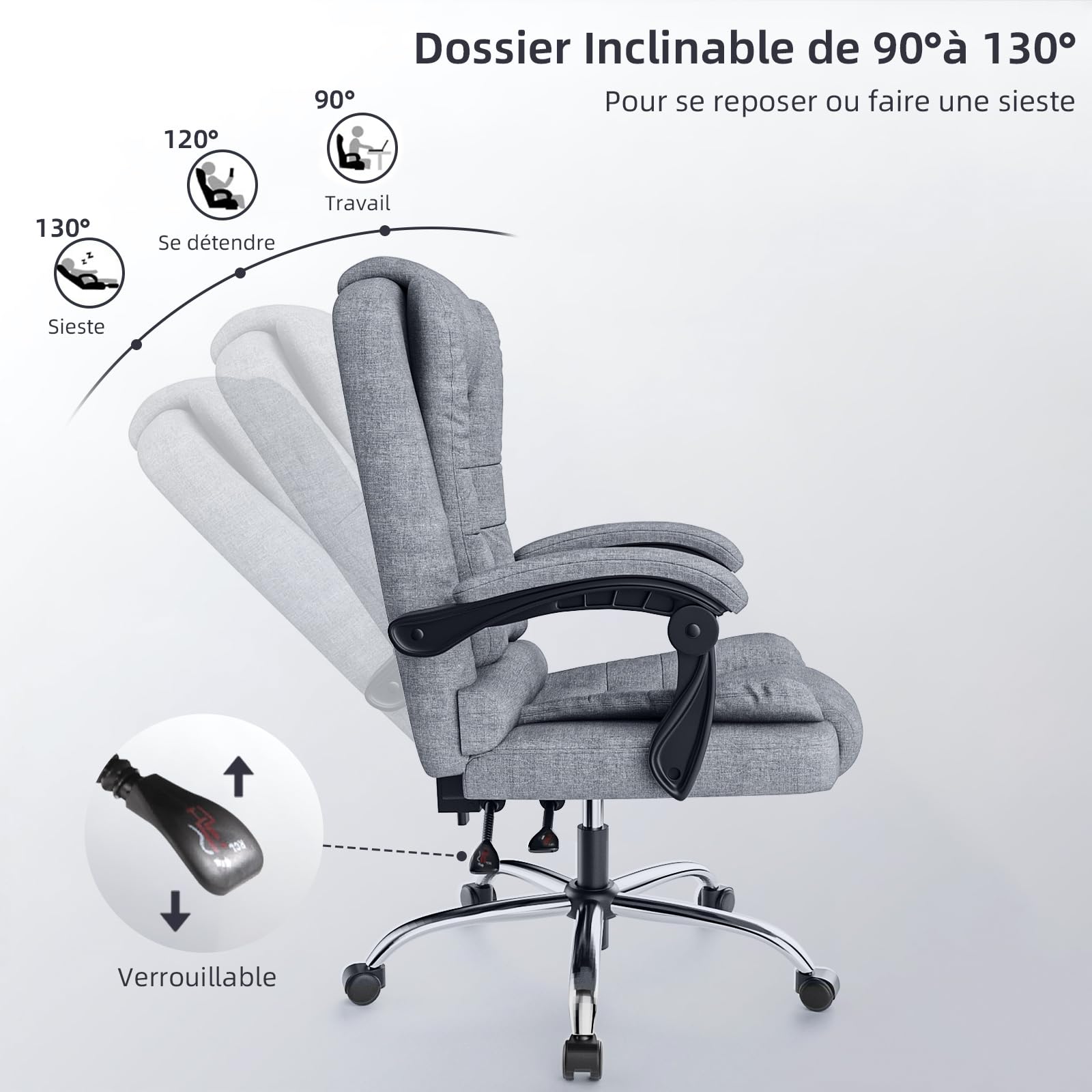 naspaluro Fauteuil Bureau, Chaise Ergonomique avec Large Assise Rembourrée, Siège de Bureau Inclinable Hauteur Réglable, Roulette Silencieuse, Coton et Lin, Gris