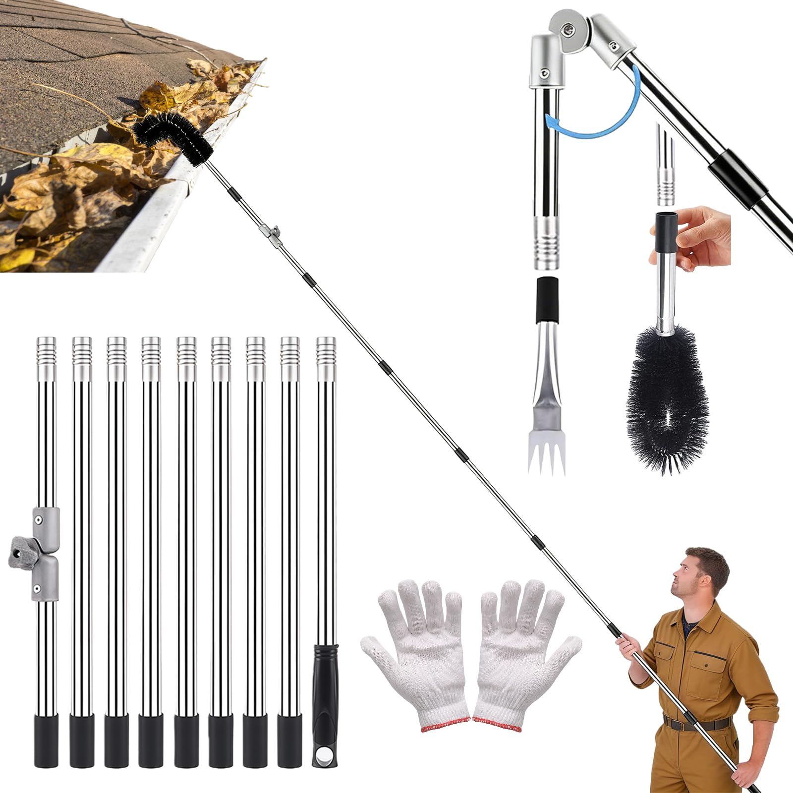 Herramientas de limpieza de canalones, kit de herramientas telescópicas de limpieza de canalones de techo de 4 m con cepillo de canalón y rastrillo de canalones, longitud y curvatura ajustable