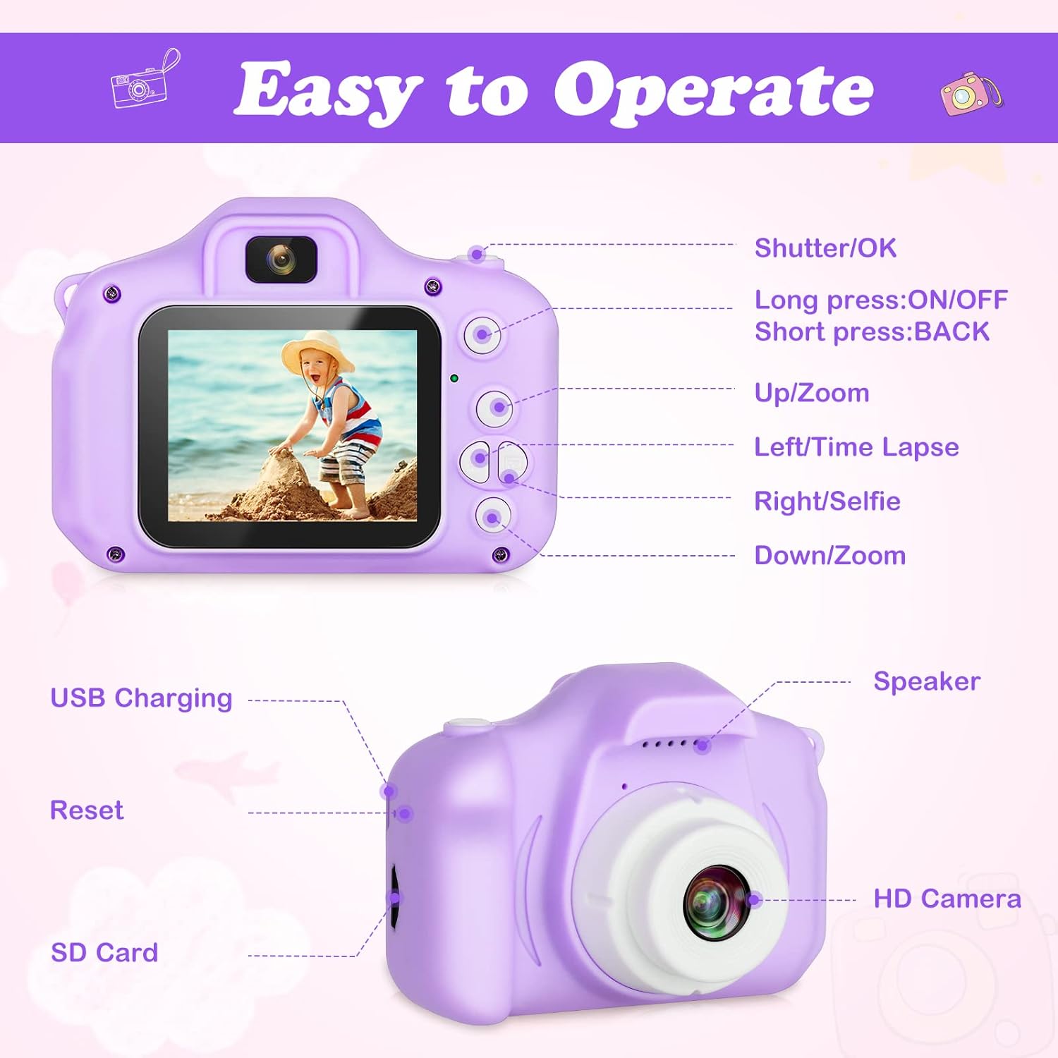 Kids Camera, HD Digital Video Camera, Childrens Toys for 3 4 5 6 7 8 9 Year Old Boys/Girls, Selfie Camera for Kids, Christmas Birthday Gifts with 32GB SD Card (Purple) - Image 2