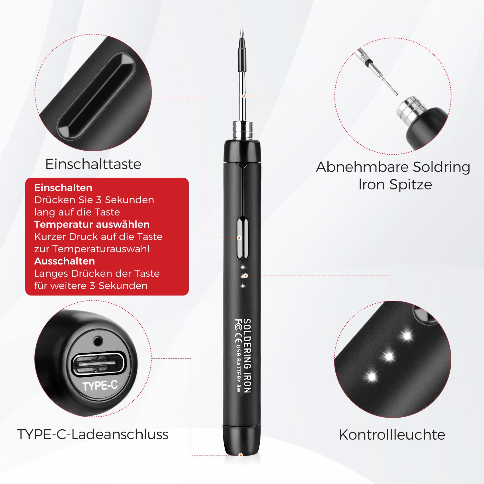 KKMOL Fer à souder sans fil USB avec 3 températures réglables 300 ℃ - 450 ℃ - Kit de soudure avec 3 embouts, support, fil et pâte