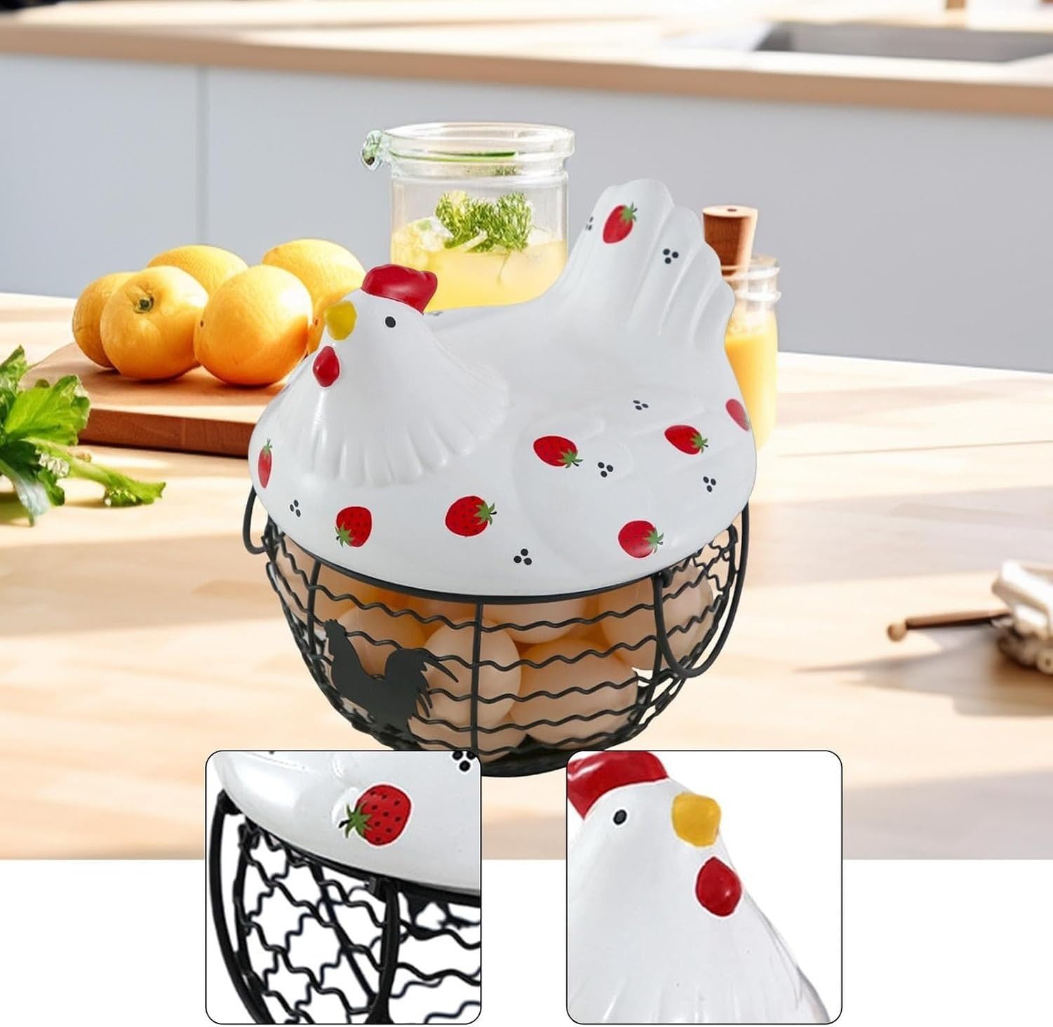 Cesta Recolectora de Huevos de Gallina con Figura Decorativa de Cerámica para Encimera Cocina y Verduras, Style a