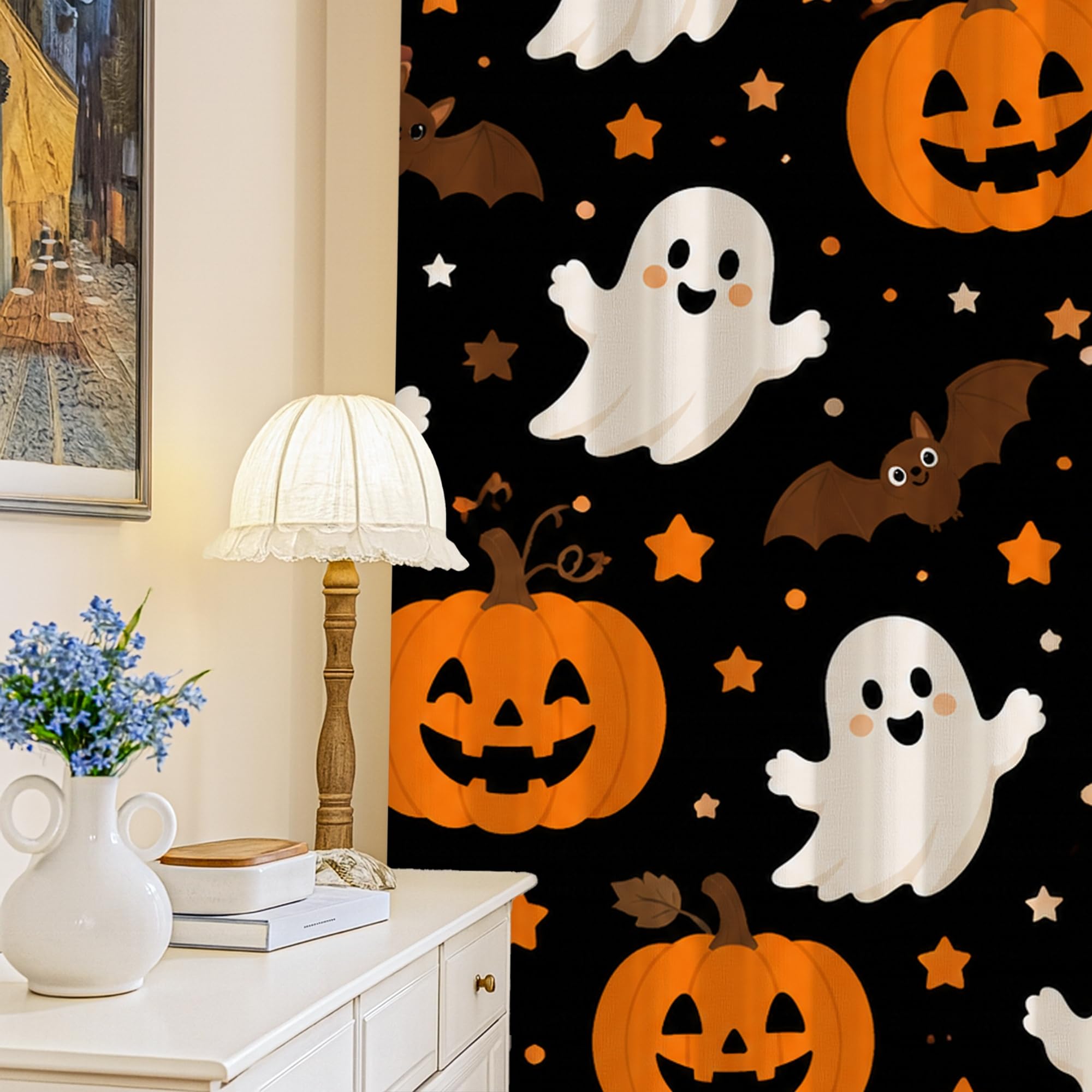 Rideaux occultants orange citrouille et chauve-souris 132x213 cm pour chambre
