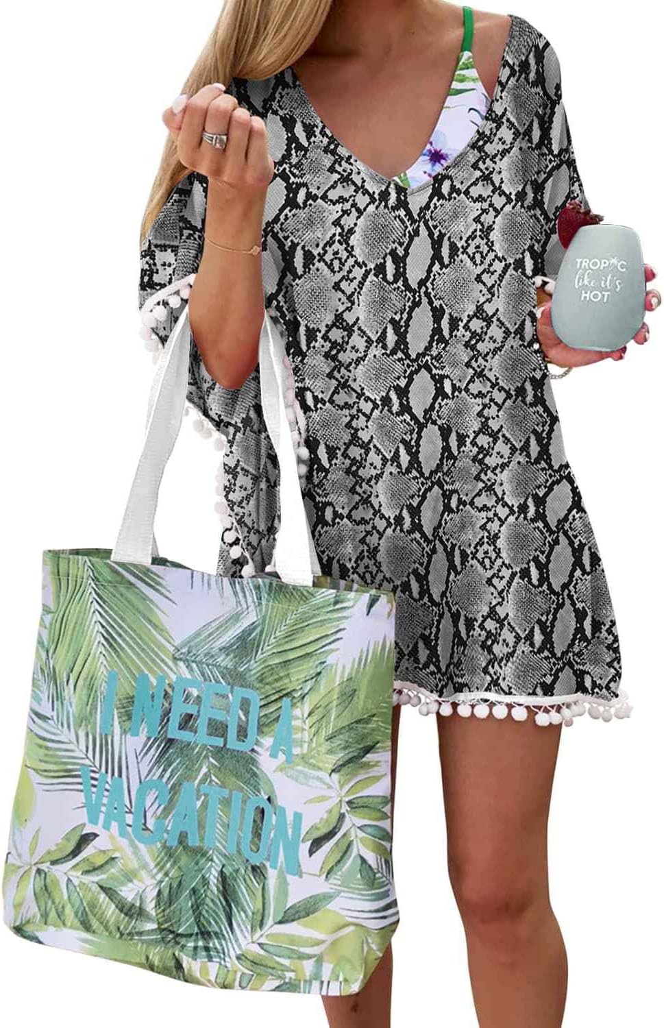 Adreamly Women's Pom Pom Trim Kaftan Chiffon Swimwear Beach Cover Up