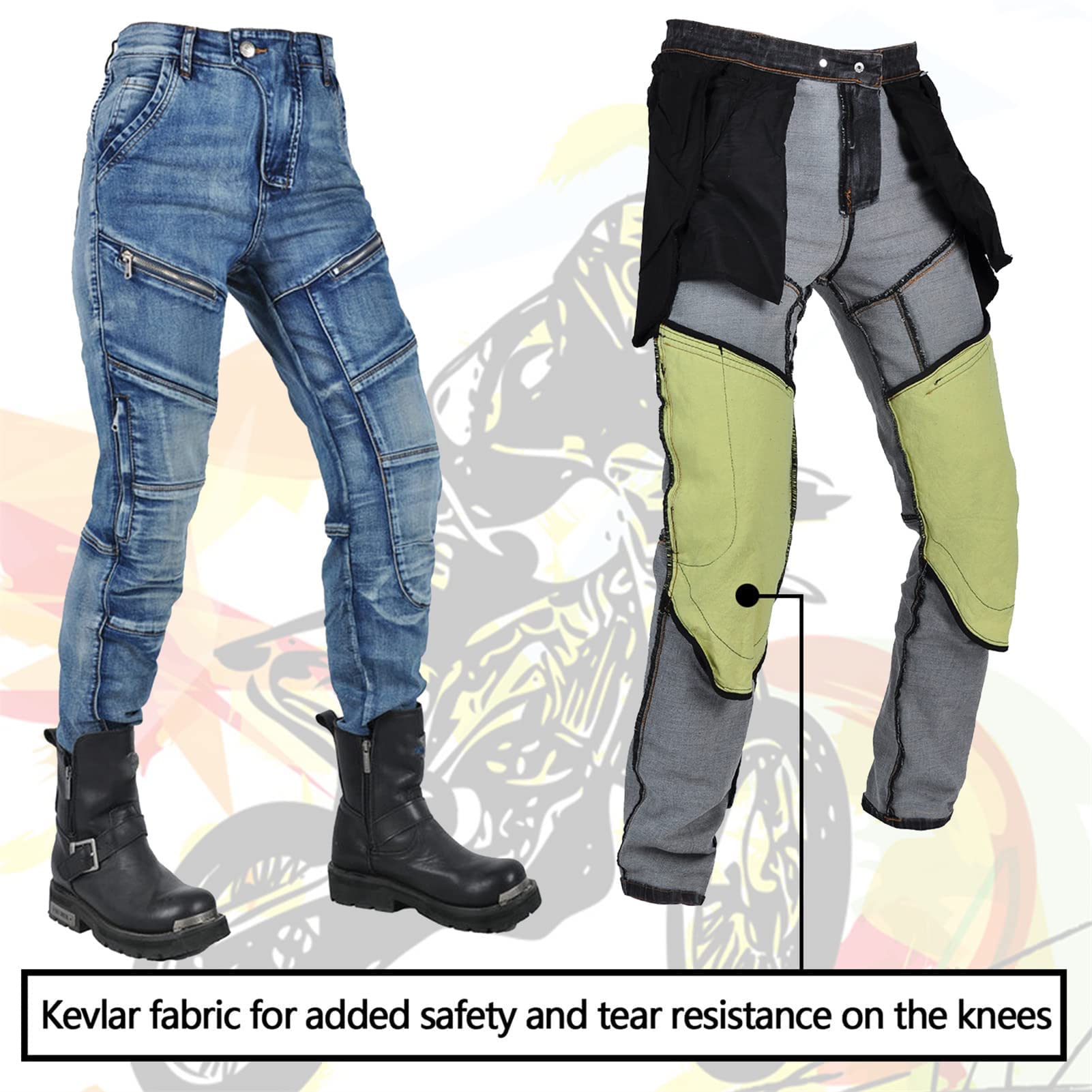 Motorrad-Jeanshose Für Herren,Reißfester Sturzfeste Jeans mit Abnehmbar Rüstung Knie-Hüftpolster, Motorradhose Für Motorradrennfahrer