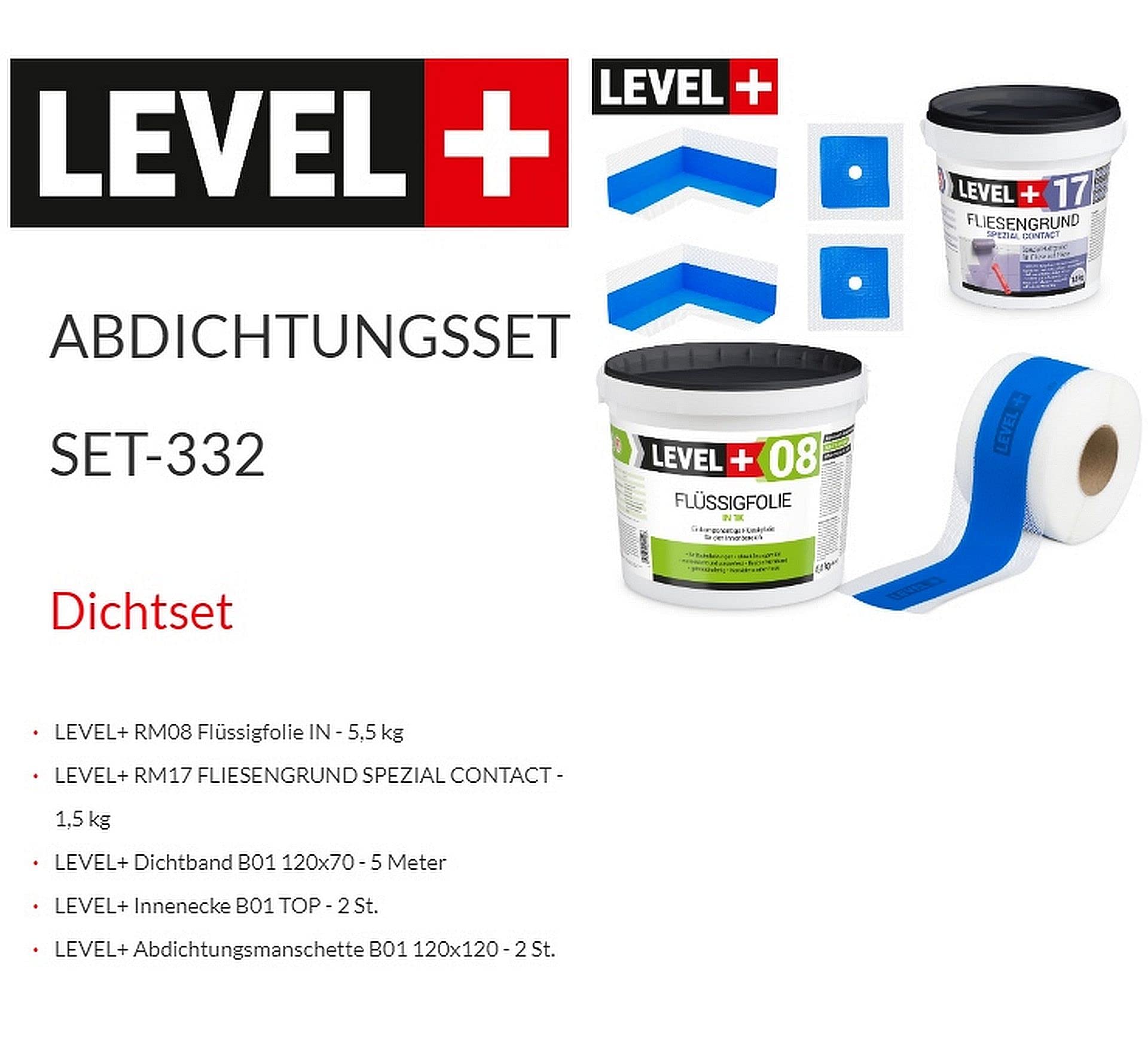 Dicht-Set 5,5Kg Flüssigfolie, 1,5kg Fliesengrund, 5m Dichtband | 2 Innenecken, 2 Wandmanschetten, Dusche, Bad, SET332