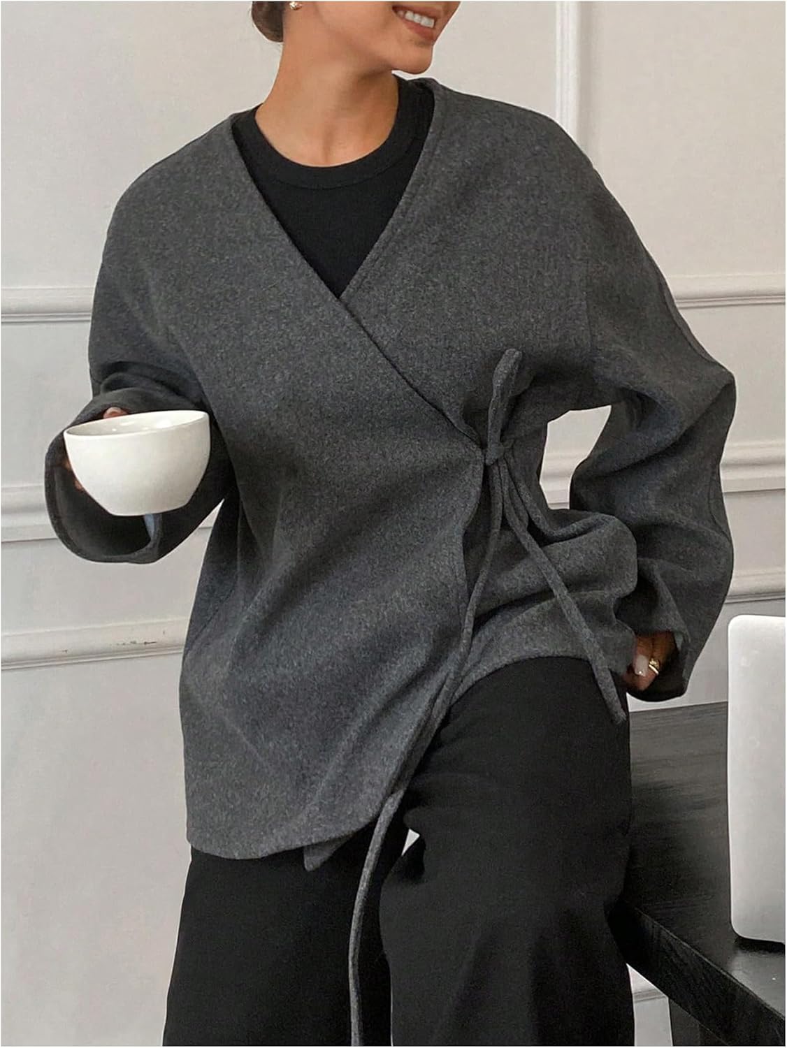 GORGLITTER Women's Wrap Cardigan Oversized Pea Coats Dressy Casual V Neck Long Sleeve Tie Front Winter Jackets Outerwear - Image 5