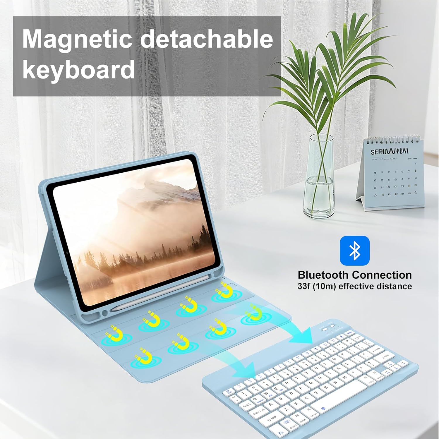 FOGARI Keyboard Case for iPad (A16) 11th/10th Generation (2025/2022),Wireless Bluetooth Keyboard, Stand Folio Keyboard Cover with Pencil Holder, Thin & Light,Sky Blue