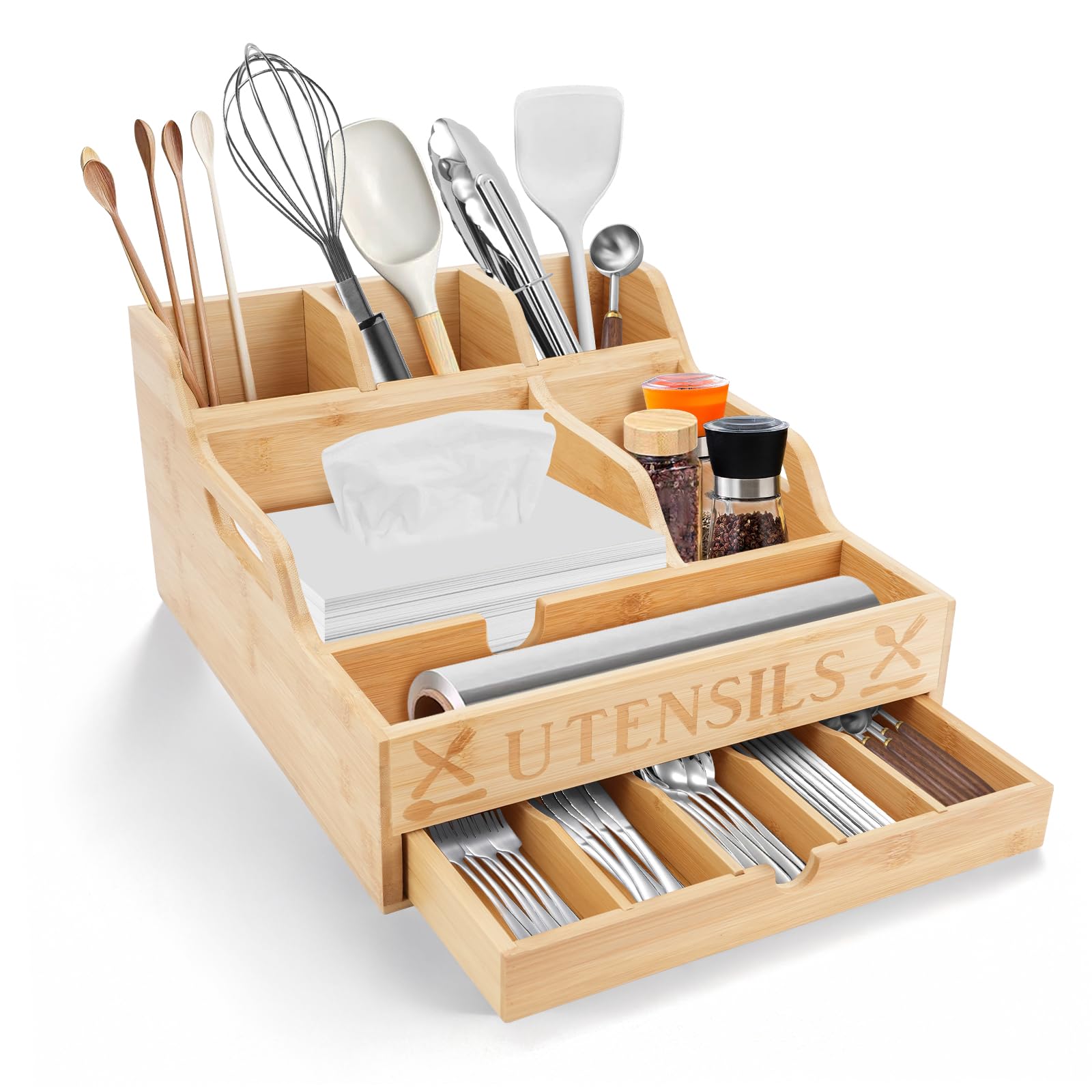 Soporte para utensilios de cocina con cajón, organizador de utensilios de bambú para encimera de cocina, organizador de cubiertos para servilletas, tenedores, cuchillos, platos, fiesta, barbacoa
