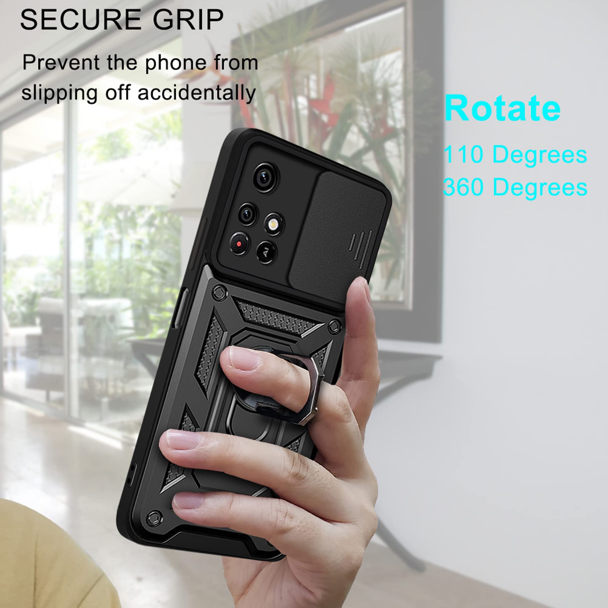 ESTH® Custodia per Xiaomi Redmi 10 5G/11 Prime 5G con Custodia per Fotocamera Scorrevole e Supporto ad Anello [Cover Paraurti Compatibile con Supporto Magnetico per Auto], Argento