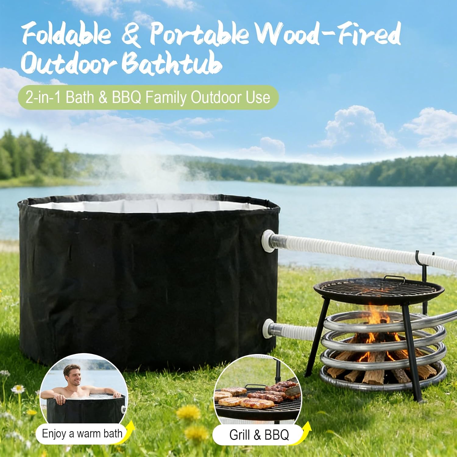 Foldable Wood-Fired Outdoor Bathtub, Non-Inflatable & Portable Pool/Bathtub 2-in-1 Bath & BBQ Family Outdoor Use (black)