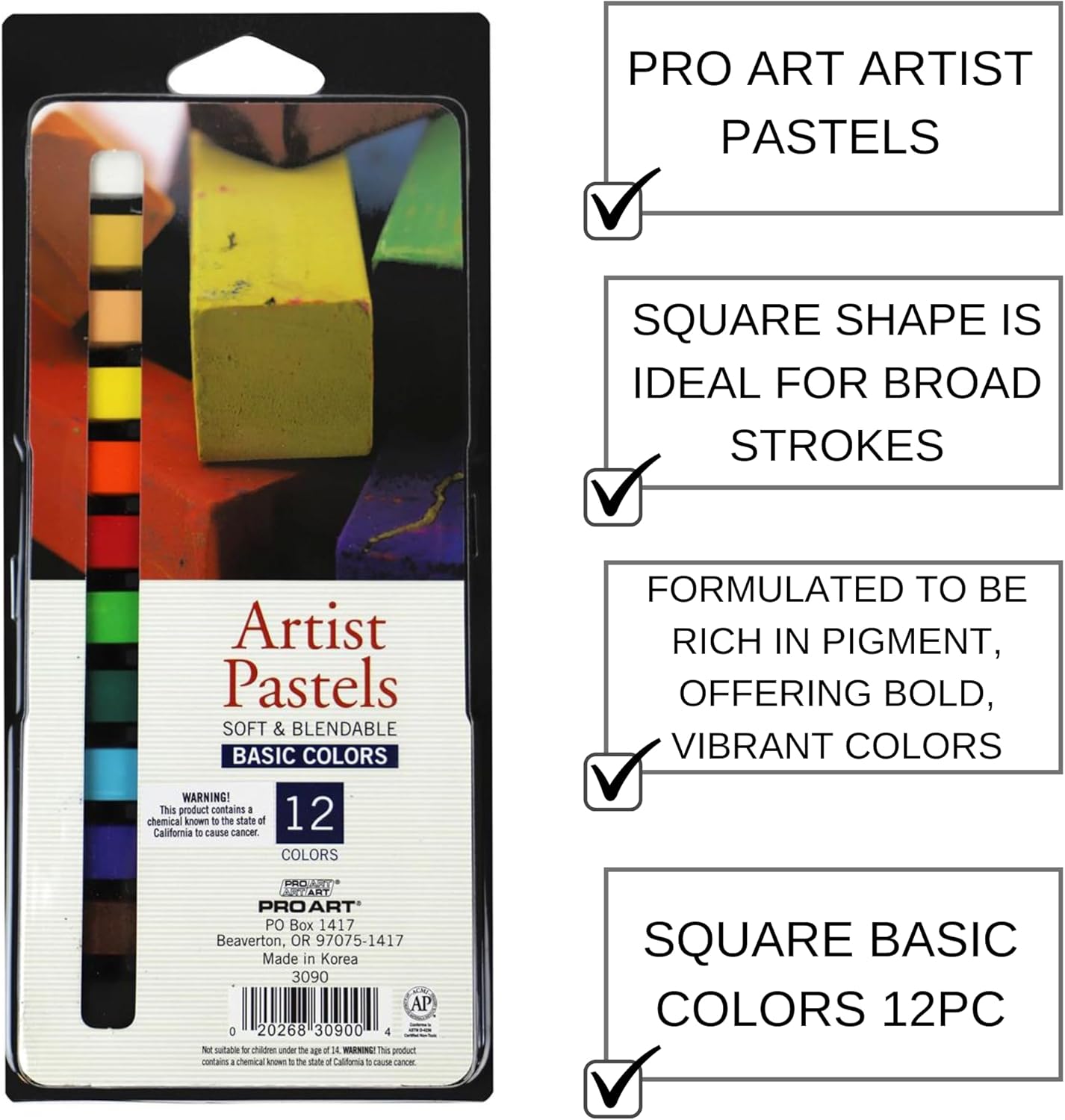 Pro Art Artist Pastels Square 12pc Basic Colors, Soft Pastels, Pastels for Artists, Soft for Artists, Chalk Pastels, Pastel Crayons, Pastel Chalk, Art Supplies