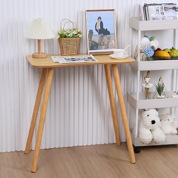 27.6" Small Computer Desk, Desktop Student Study Table with Solid Legs, Ergonomic Arched Design Writing Table, Wood PC Work Student Learning Writing Desk for Home Office Wooden Color