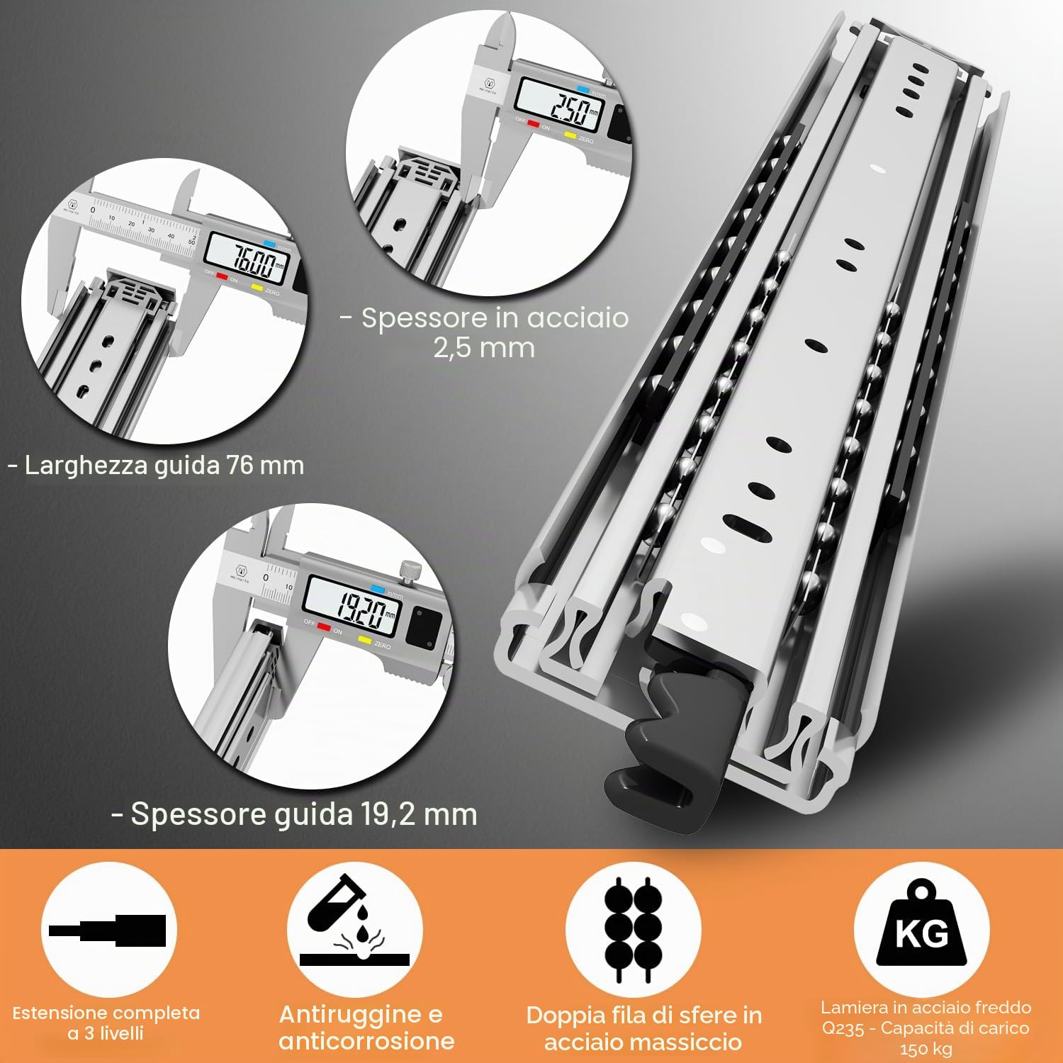 VADANIA Guide per Cassetti per Carichi Pesanti con Blocco 1000 mm, Portata 120 kg, Terza Guida Rimovibile, Estrazione Totale, Montaggio Laterale #XD76, con Set di Viti, 1 Paio