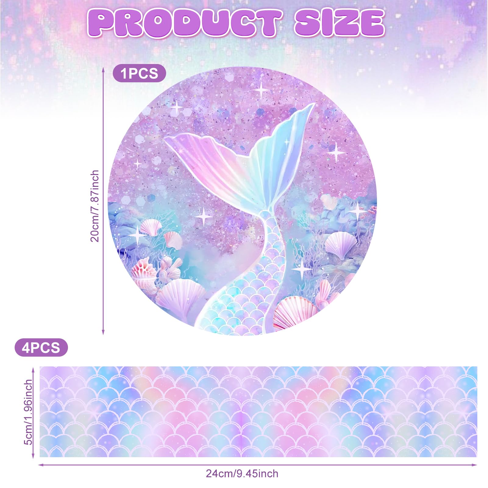 Decoración para Tartas de Sirena, Oblea Sirenita, Papel Comestible, Cinta 24cm x 5cm, Fiestas Cumpleaños Morado