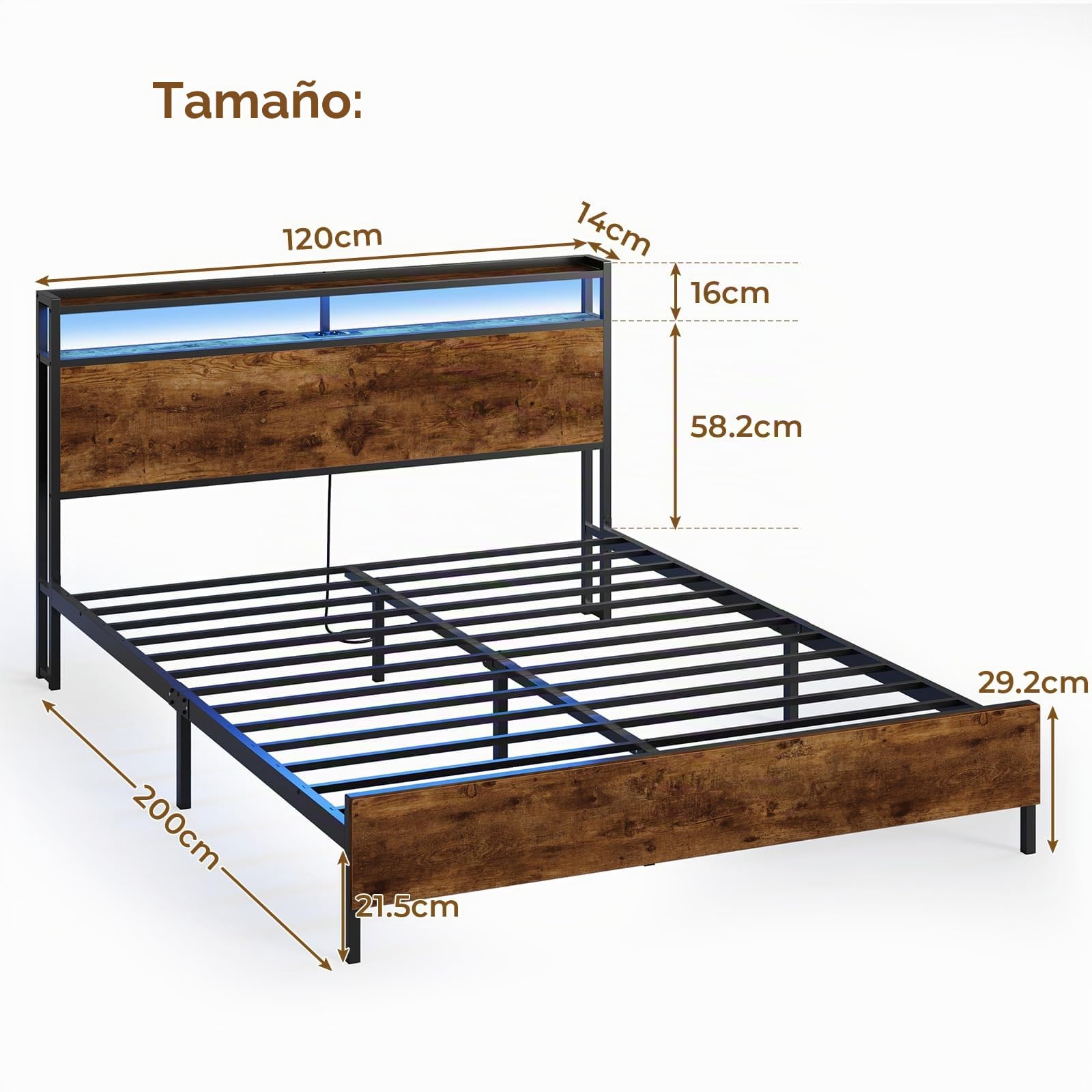 DICTAC Cama de 120 x 200 cm con iluminación LED, marco de cama con enchufe y función de carga USB, cama de metal de 120 x 200 cm con cabecero de madera, espacio de almacenamiento, estructura de cama