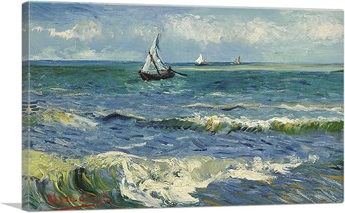 ARTCANVAS Vincent Van Gogh - Lienzo decorativo con texto en inglés The Sea at Les Saintes-Maries, 1888, pintura enmarcada y estirada, póster para