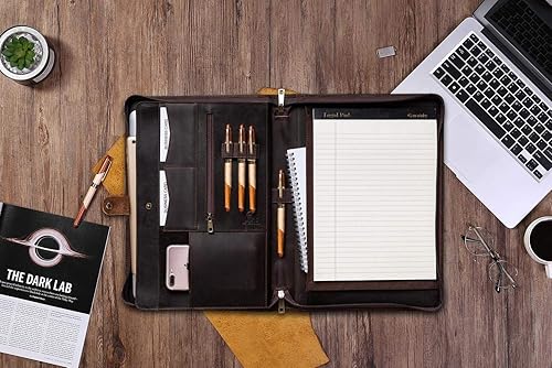 Miniatura 6 de Carpeta de cuero genuino con cremallera para hombres, carpeta de cuero para hombres para laptop de 13 pulgadas, cartera de negocios con bloc de