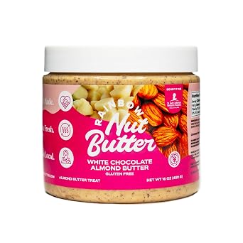 Rainbow Nut Butter, White Chocolate Almond Butter, Spread, Treat, Snack, Dessert, White Chocolate Chips, High Protein Flavored Nut Butter, 16 oz Jar.