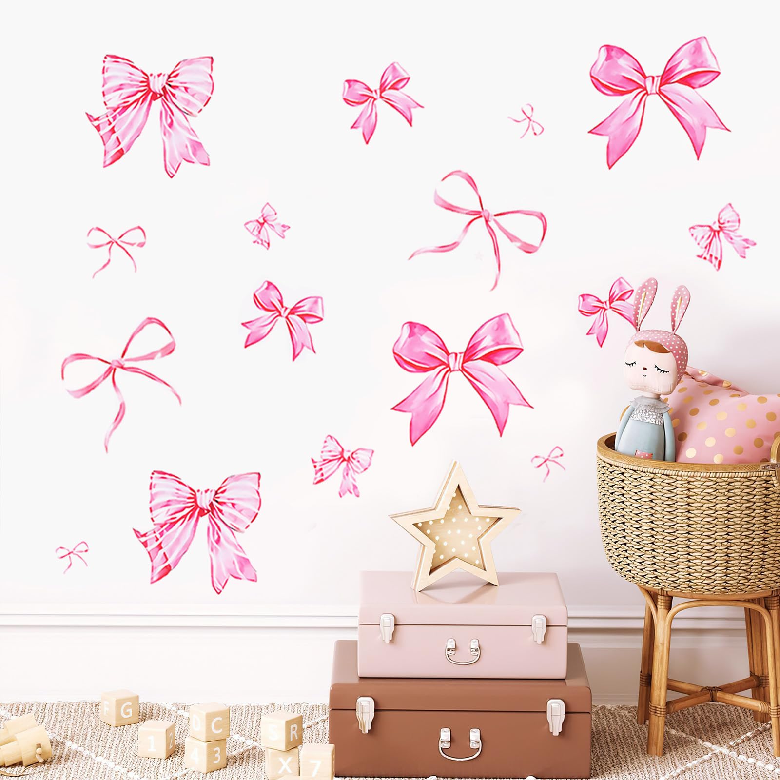 12 Sheet Pink Bow Wall Sticker Watercolor Bow Wallpaper Easy Peel and Stick Wall Sticker Girls Sweet Coquette Aesthetic Decoration for Room Nursery Office Pink Theme Party