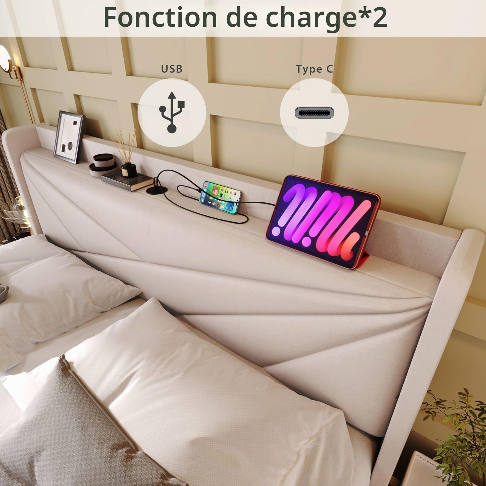 KOMHTOM Lit Simple Rembourré avec Rangement sous Lit, Lit Plateforme Capitonné avec Tête de Lit, Cadre de Lit, Sommier à Lattes en Bois, Beige(sans Matelas) (90x200CM)