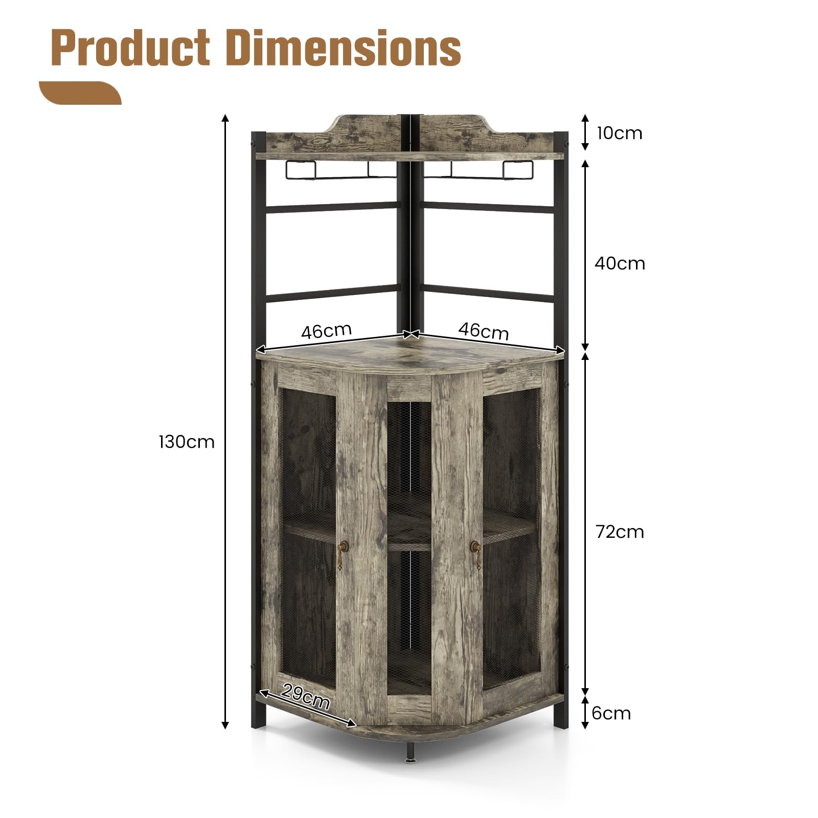 KOMFOTTEU Cantinetta Portabottiglie in Legno, Mobiletto Bar con Porta Bicchieri in Vetro, Porte in Metallo e Ripiano Regolabile, Angolo Bar per Soggiorno, Sala da Pranzo, 48x48x130cm (Marrone Rustico)