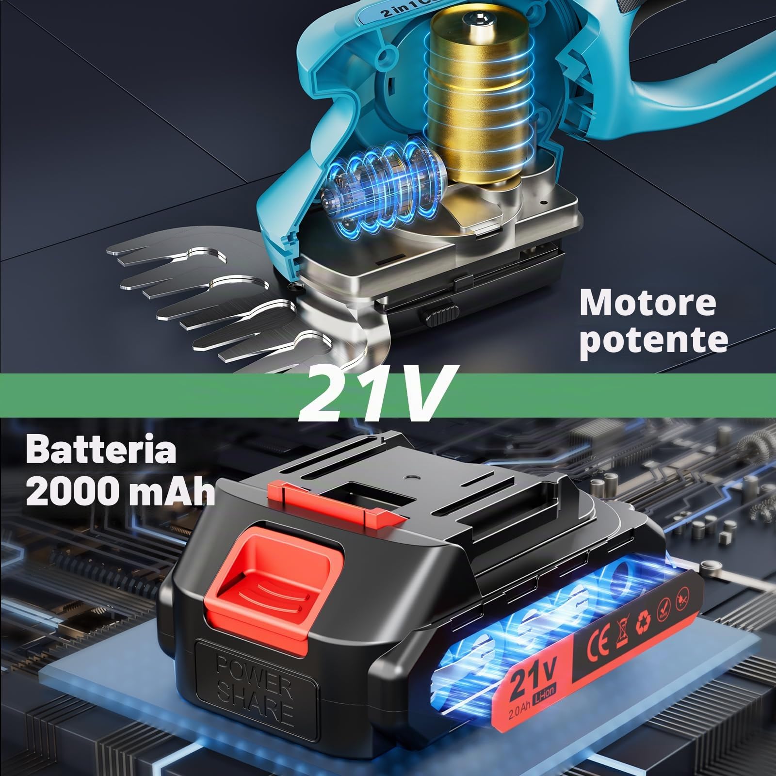 Taglia siepe Cesoia per Erba a Batteria 2-in-1 | 21V 3.0Ah con Caricabatterie | Base a Rotelle | Lame 22cm & 13cm | Compatibile con Comuni Batterie agli Ioni di Litio da 18V (BL1830 BL1850B)