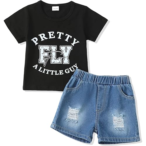 NZRVAWS Baby Boy Clothes Toddler Boy Outfit 2 3 4T 6 12 18 24 Months Spring Summer Letter Printed T Shirt Shorts Ripped Jean
