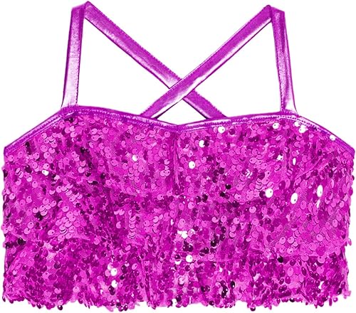 Aislor Kids Girls Modern Jazz Hip Hop Cheerleading Dance Outfits Sequin Camisole Crop Tops with Skirt Set Dancewear(Hot Pink,15-16 Years)