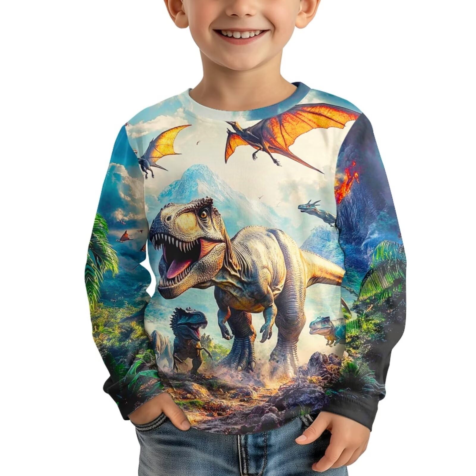 WELLFLYHOM Dinosaur T-Shirt for Boys Size 15 16 Long Sleeve Shirt Novelty Dino Pullover Tee Top Sport Workout Yoga Running Clothes Athletic Undershirt Fall Blouses Outfits for Teens