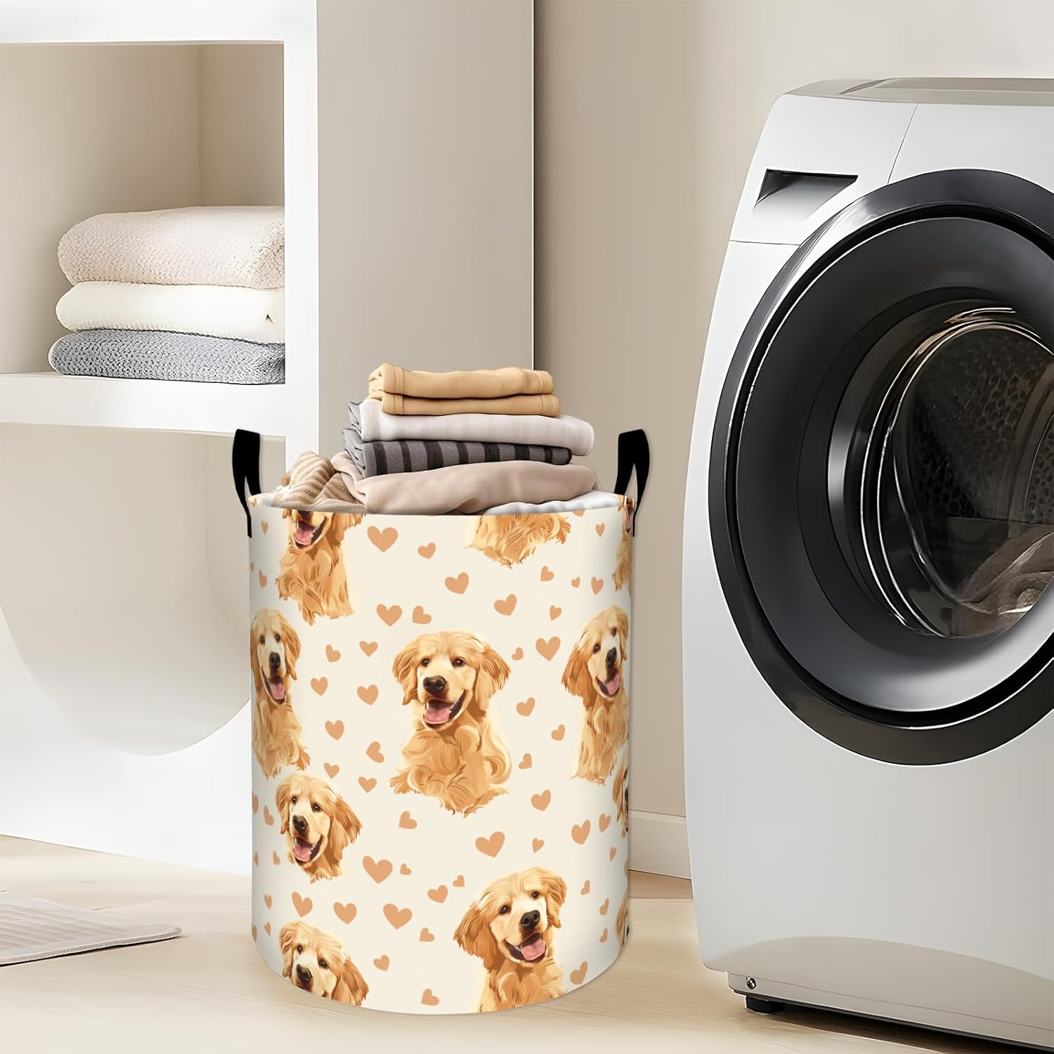 Cute Golden Retrievers with Hearts Laundry Basket with Handles, 19.7"x15.7" Clothes Foldable Laundry Hamper Organizer for Dorm Nursery Bedroom Bathroom Decor, Toy Storage Bin for Kids