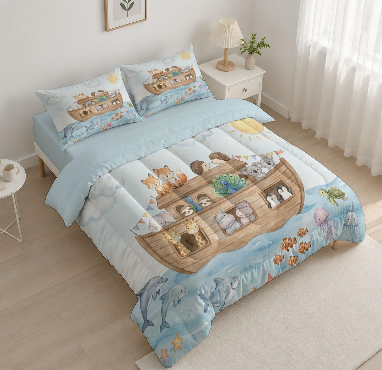 Animation Style Comforter Set Twin Size, Ark Animals Print Breathable Bedding Set for Girls Boys Teens, Sky Blue Quilt Duvet with 2 Pillow Cases