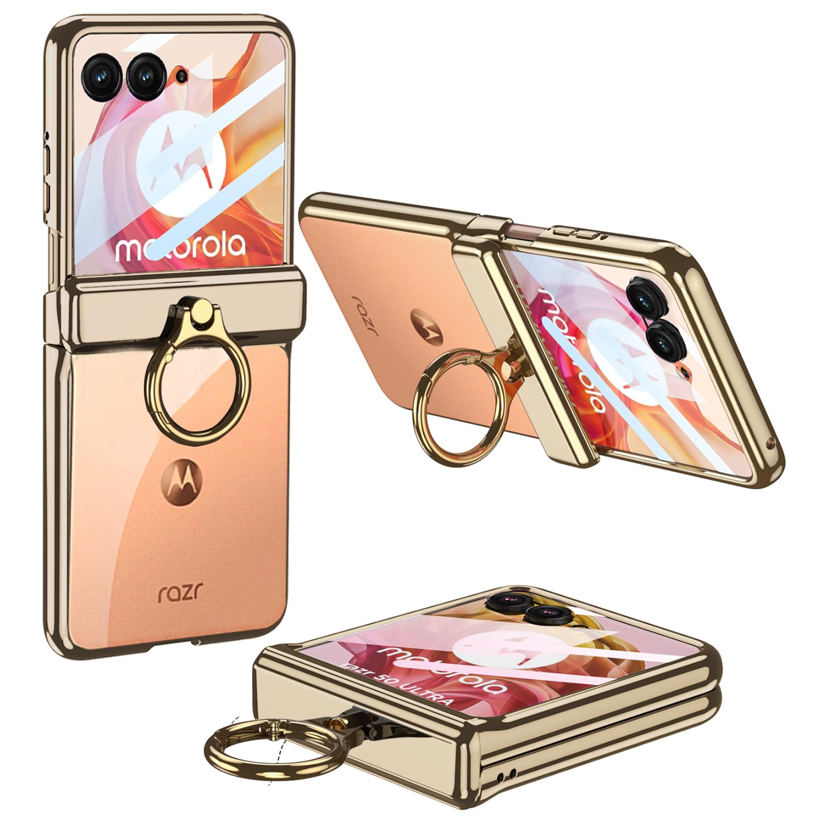 Case for Motorola Razr 50 Ultra with Built-in Screen Protector & Magnetic Hinge Protection and Ring Kickstand,Transparent Plating Luxury Clear Shockproof Cover for Motorola Razr+ 2024 (Gold)