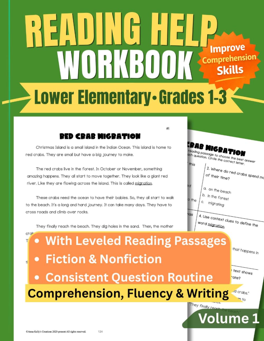 Reading Help Lower Elementary Workbook With Reading Passages Leveled Grades 1-3 Comprehension, Fluency & Writing: Fiction & Nonfiction, Consistent ... Skills Volume 1 (Reading Practice Workbooks)