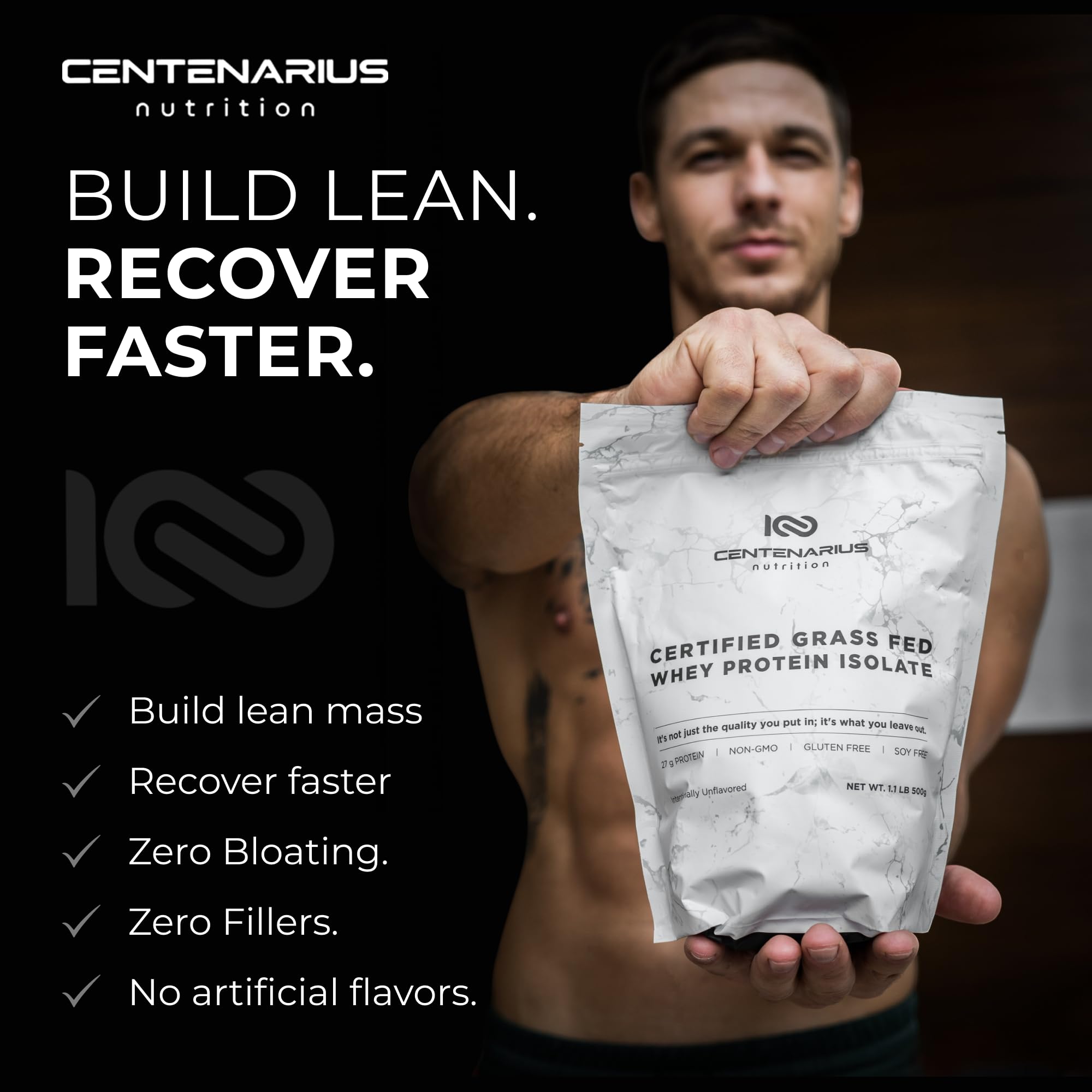 Centenarius Irish Grass-Fed Whey Protein Isolate Powder, Virtually Lactose-Free, Non-Bloating, Easily Digestible, 500g, 27g Protein, 6.7g BCAAs, Unflavored, USA Made, No Soy, No Artificial Flavors — Amazon image 6