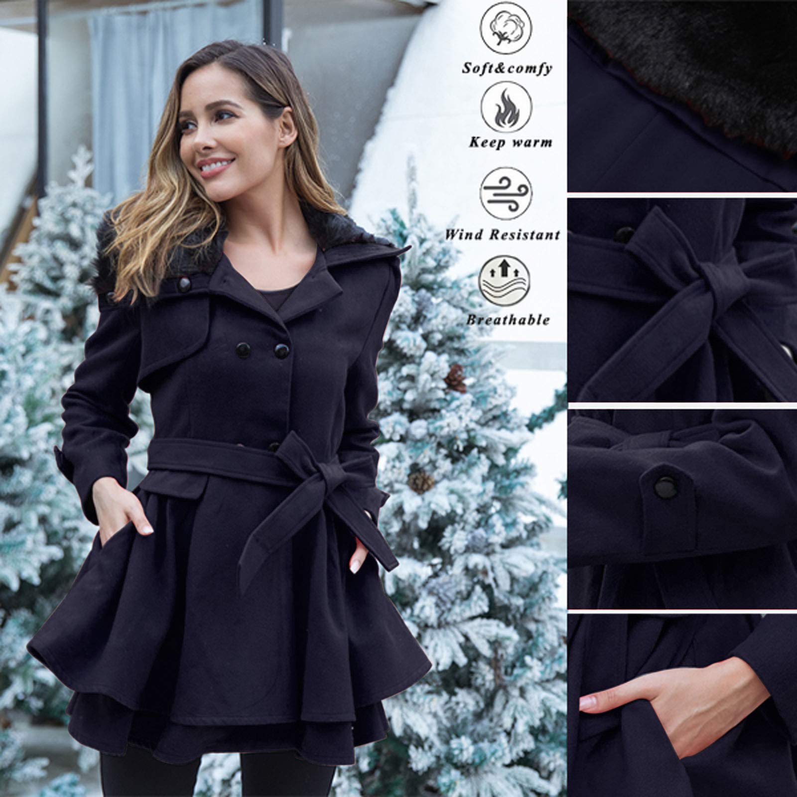 Trench Mantel Damen - Trenchcoat Zweireiher Schlank Übergangsjacke Lang