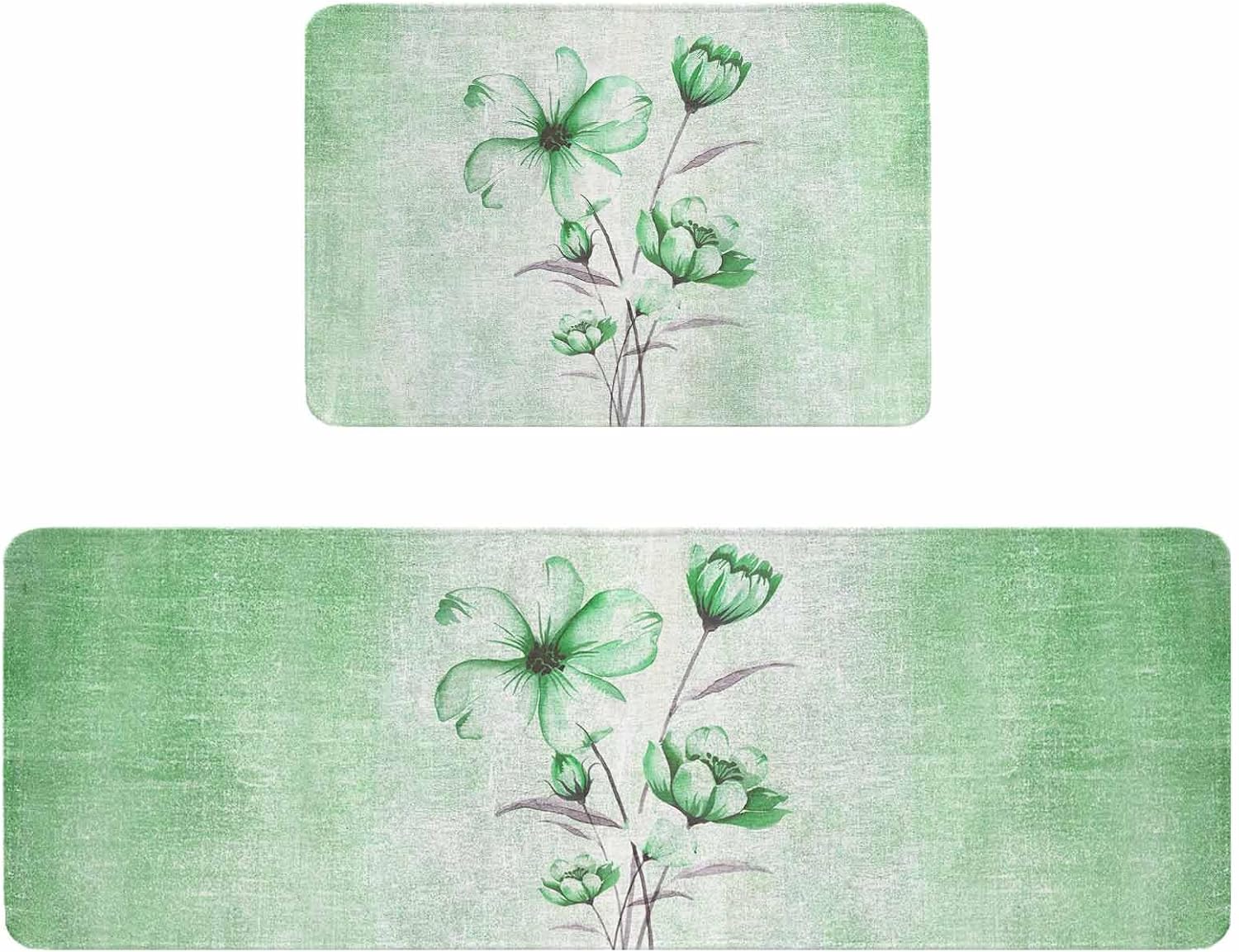 Green Flowers Kitchen Rugs and Mats Set of 2, Non-Slip Kitchen Sink Mat, Spring Floral Elegant Pastoral Botanical Washable Doormat Bathroom Rugs Runner for Bedroom/Living Room 17.7"x30"+17.7"x47.2"